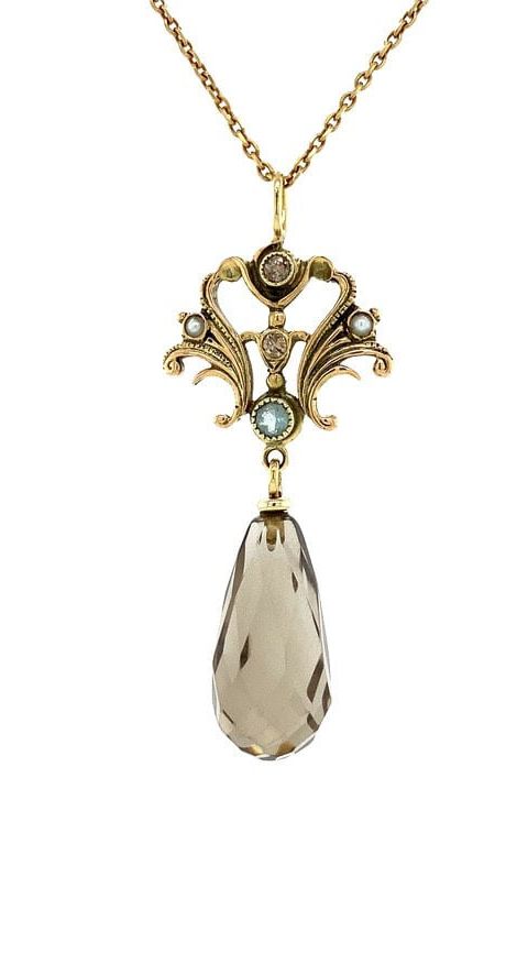 Vintage 14K Gold Pendant with Smoky Quartz, Diamond, Pearl and Aquamarine